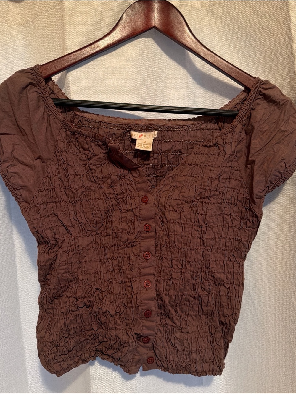 Smocked Brown Button-Front Women’s Top
